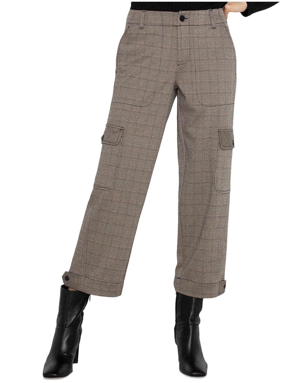 Liverpool Stretch Peppercorn Plaid Cropped Utility Pants